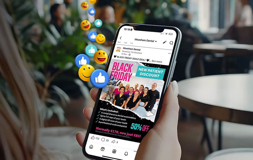 instagram post about a dental practice on a smartphone getting lots of likes and comments