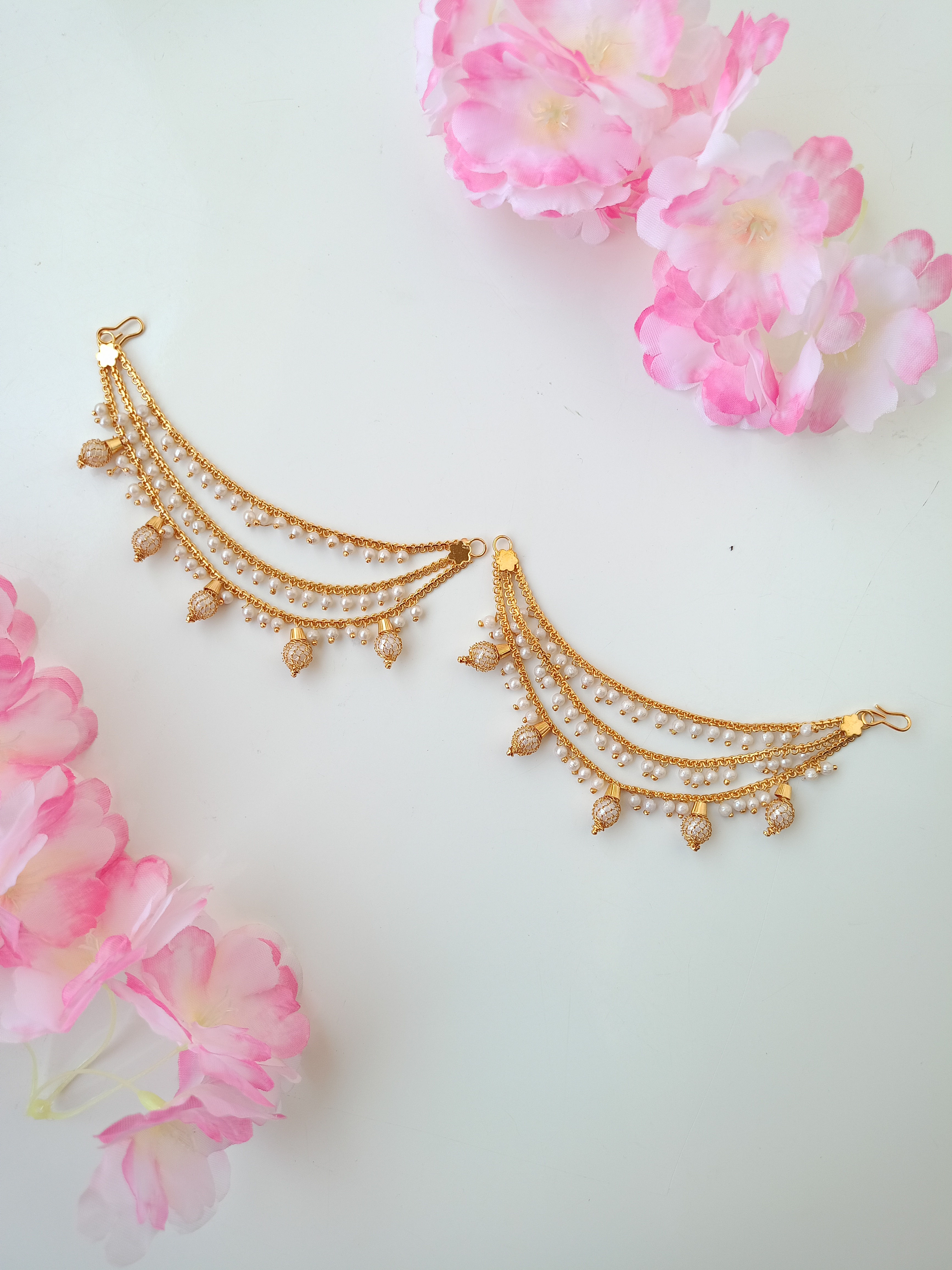 3 Line Gold Netted Beads Earchain ( pair)