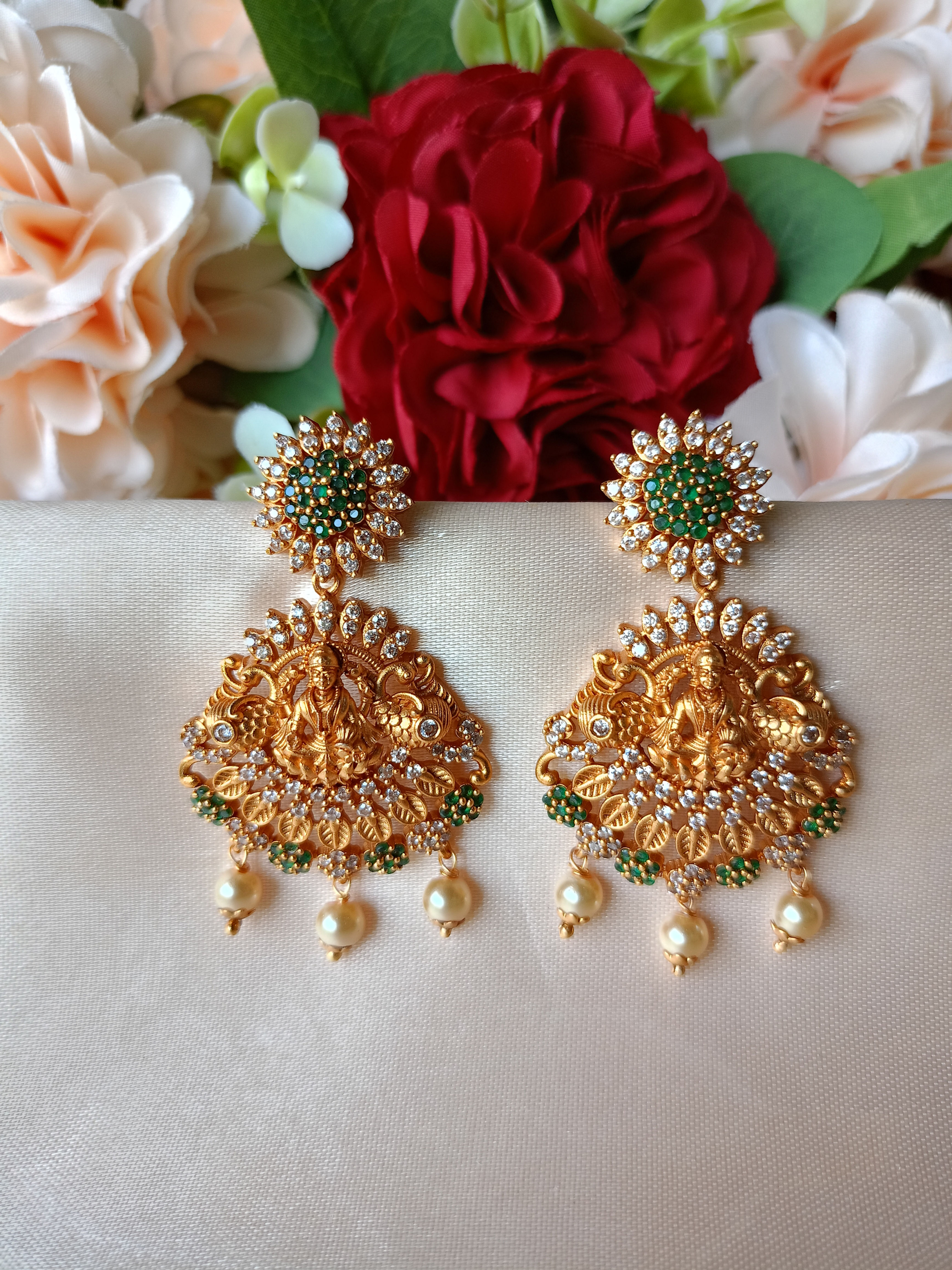 Flower Lakshmi Green CZ Earing With Pearls