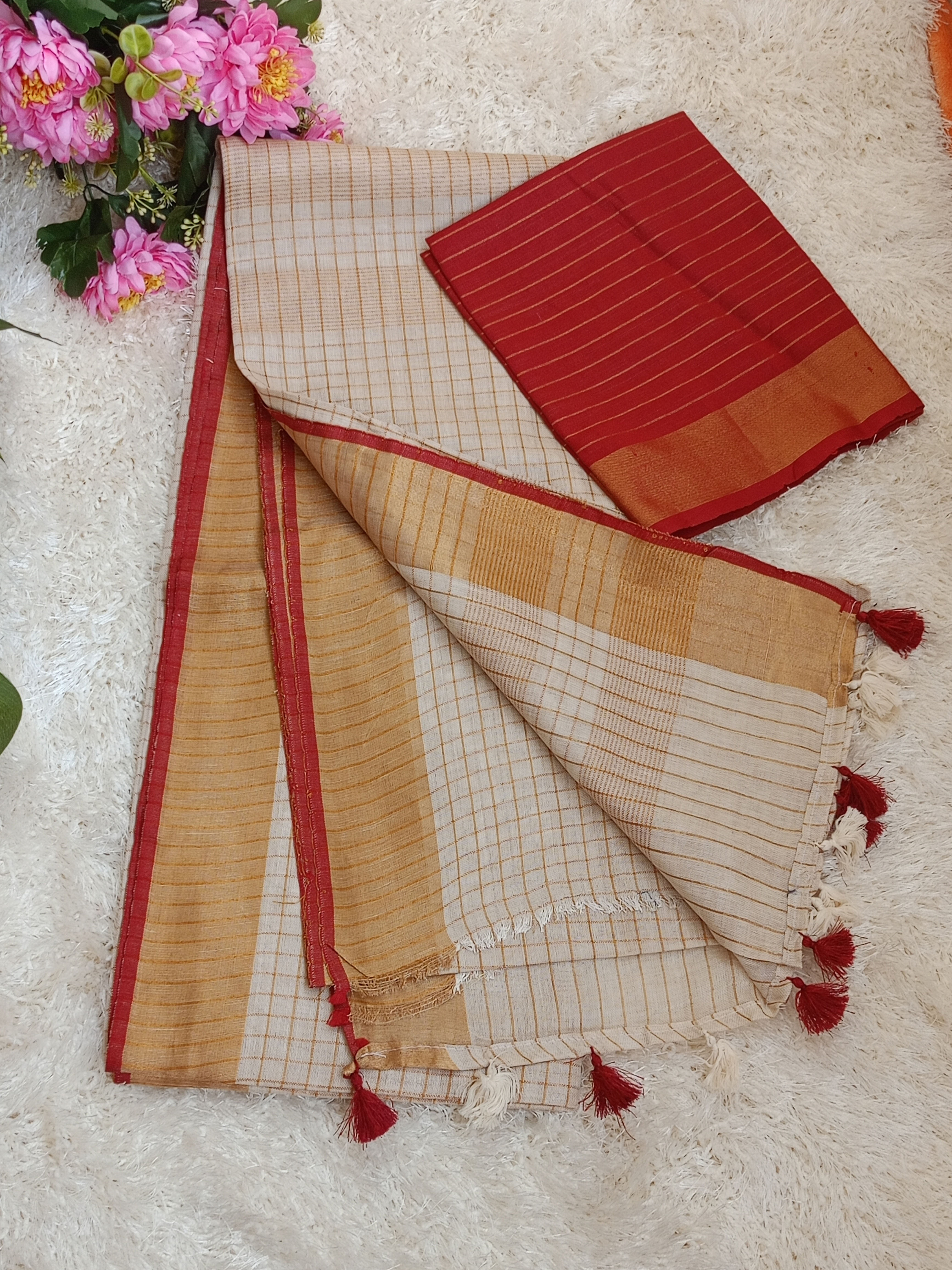 Linen by Linen Copper Zari Onam Saree( with Blouse material)