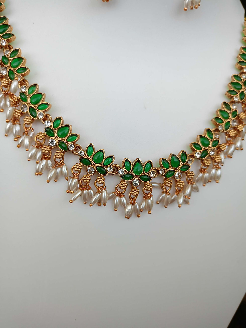 Thumbnail: Traditional Lotus Kemp Rice Pearls Guttapusalu Necklace Set