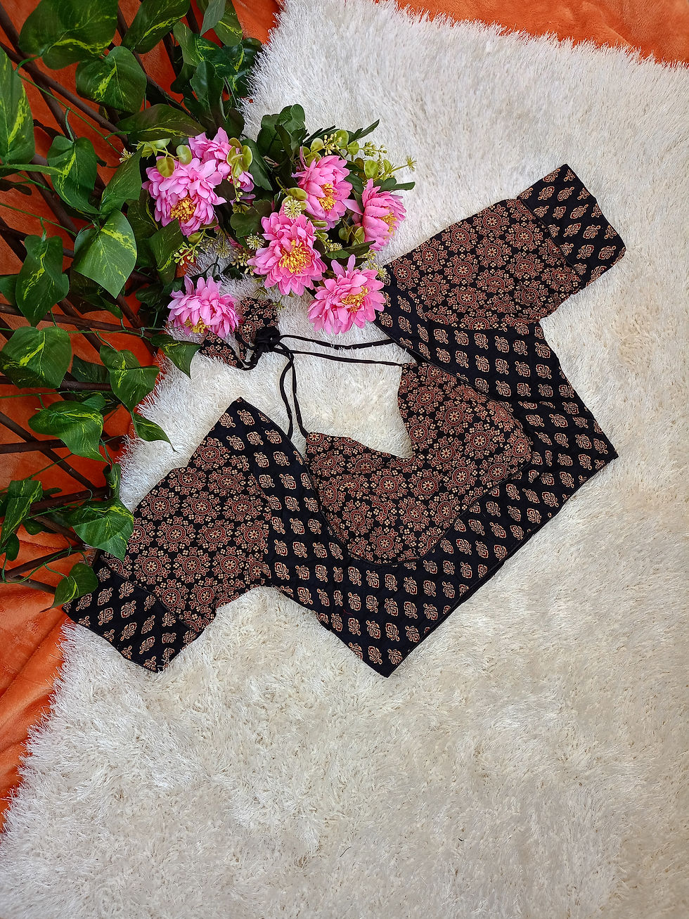 Thumbnail: Ajrak Cotton Halter Neck Ready Made Blouse D2