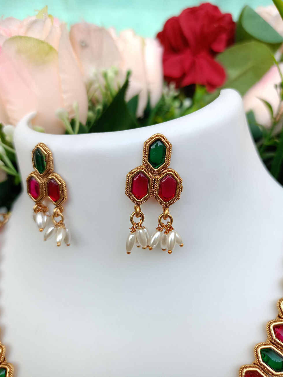 Thumbnail: Hexa Kemp Rice Pearl Guttapusalu Necklace Set 