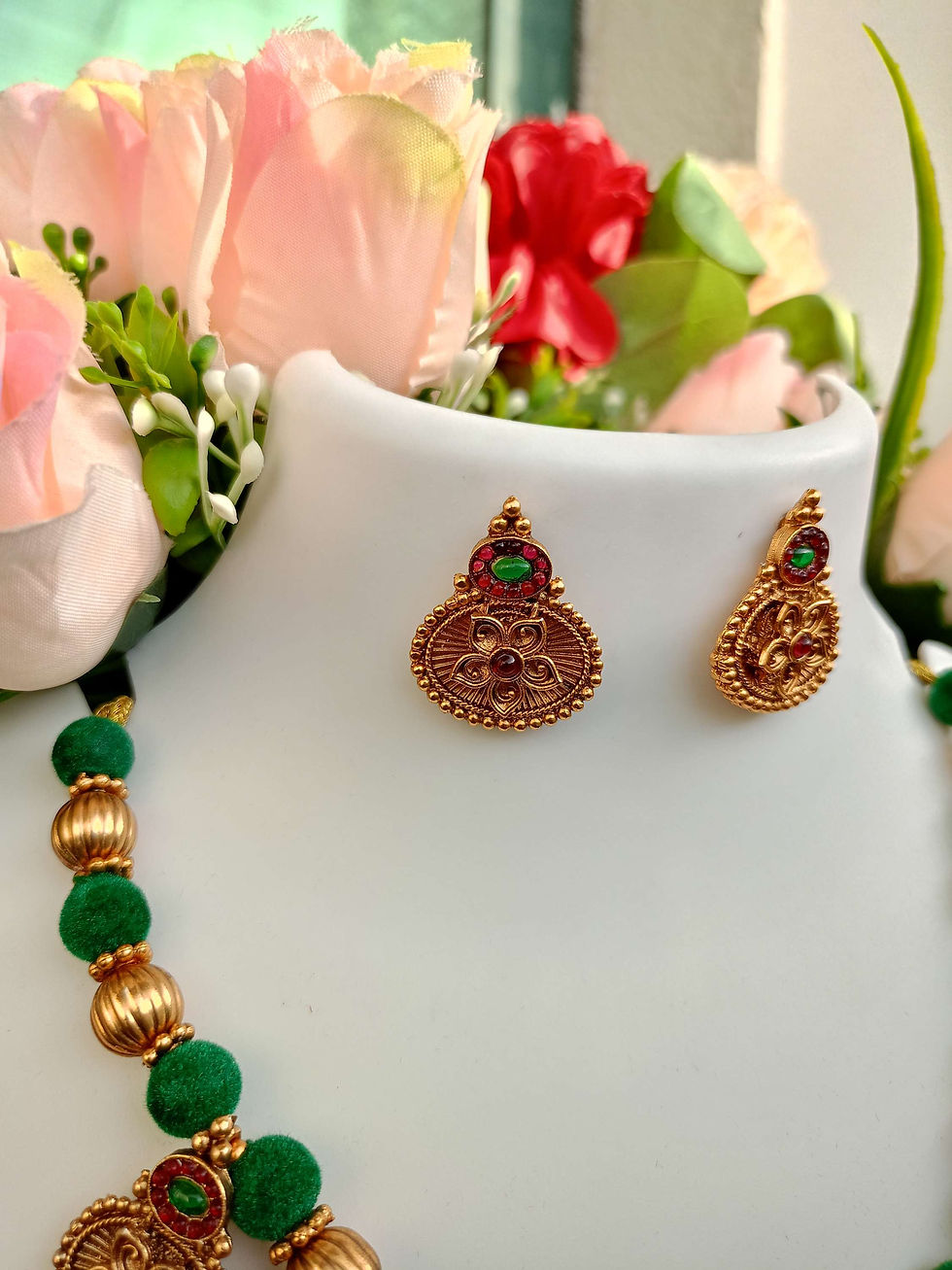 Thumbnail: Antique Non Idol Charms Colour Velvet Beads  Necklace Set 