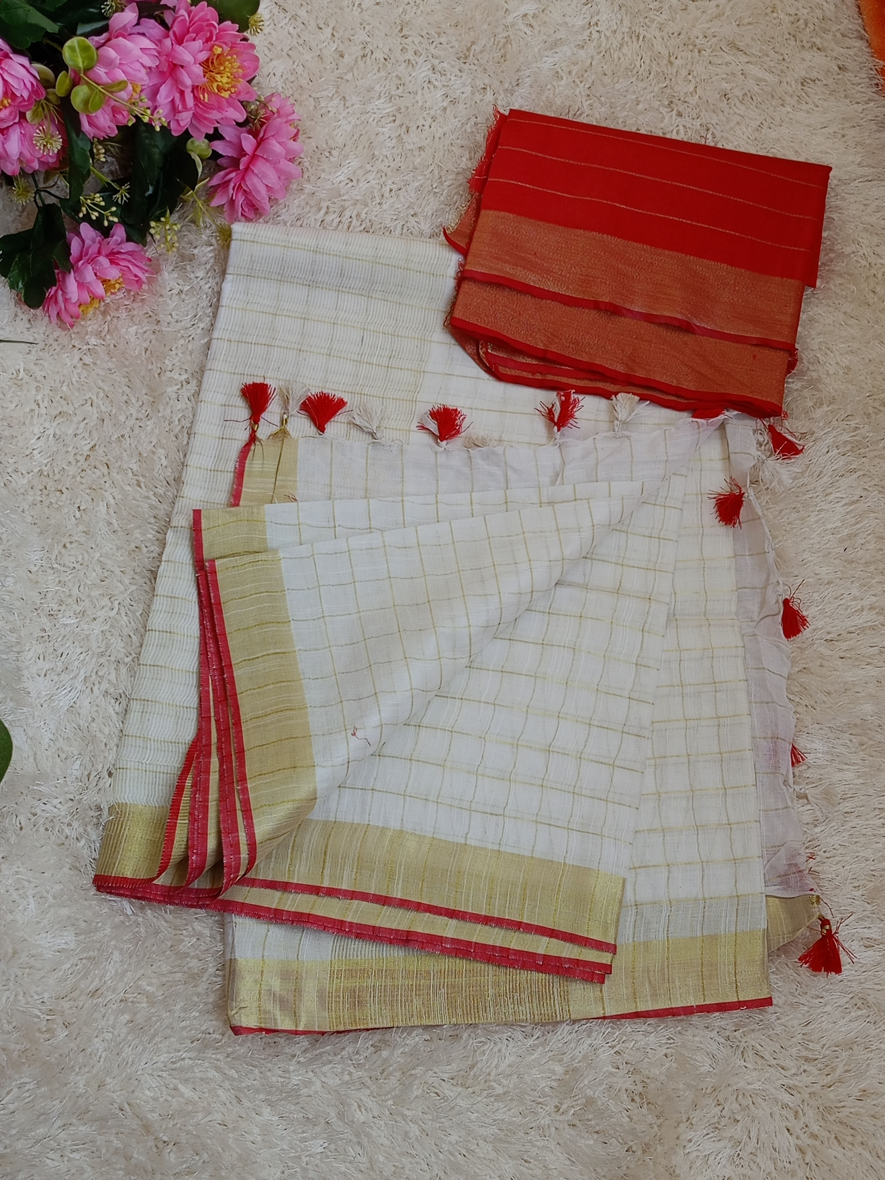 Cotton Slub Linen Onam Saree