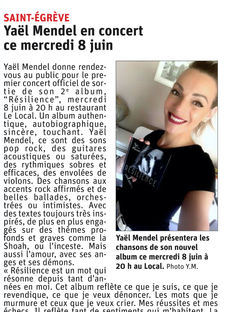 Dauphiné Libéré Mai 2022 Yaël Mendel - Artiste Chanteuse Pop Française - Pop Rock - French pop Music - Article