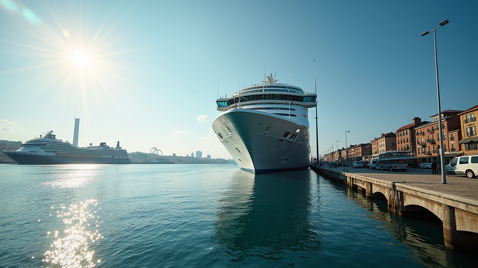Eye-level view of a cruise ship docked at a sunny harbor