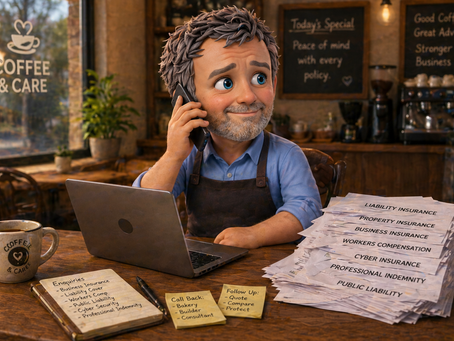 Bobby Bobblehead café owner on the phone at a laptop, with notes and a stack of insurance documents on the table.