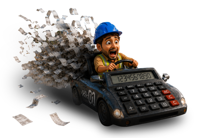 Sherpa Bookkeeping Builder Brian is out-of-control in calculator car as receipts fly behind him, highlighting bookkeeping chaos.