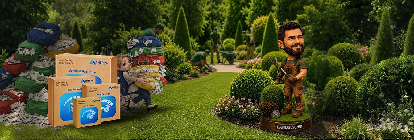Sherpa Bookkeeping Packages and Lenny the landscaper business owner thinking of Sherpa Boo