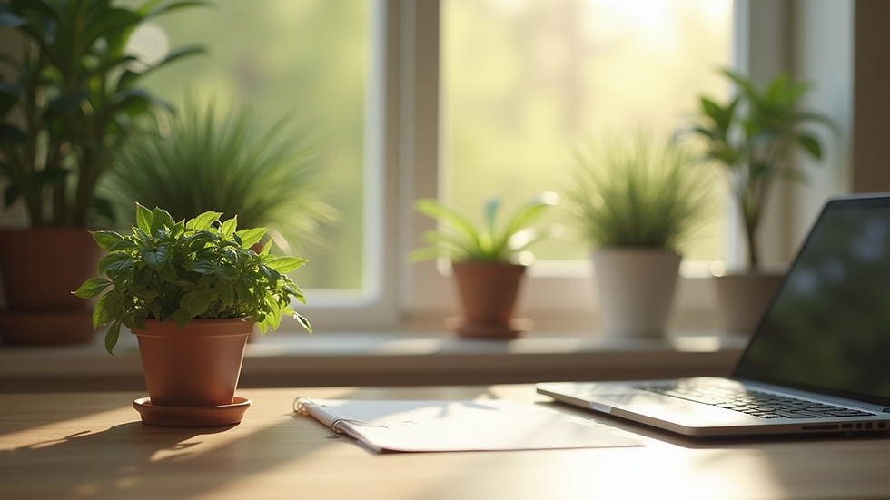 Close-up view of a peaceful workspace with plants and natural light