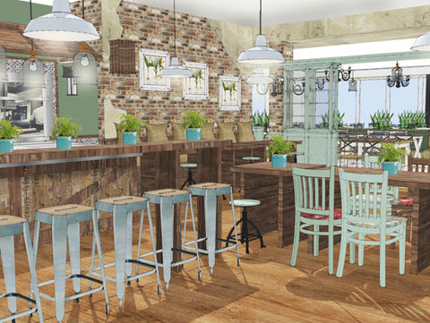 Cafe interior design with tables, chairs, bar stools, and plants, PLEYDELL SMITHYMAN garden centre consultants.