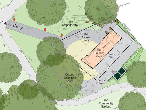 Overhead view of a landscape design plan with text and GREENSPACE The Amphitheater, The Events Area.