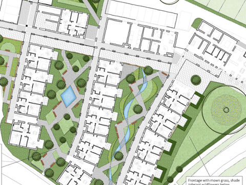 Overhead architecture plan. Includes buildings, paths, trees, and landscape design. PLEYDELL SMITHYMAN