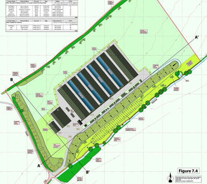 Overhead plan with labels and Figure 7.4 text detailing the buildings and layout.