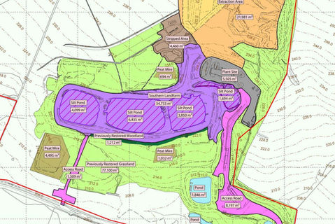 Plan of site with text, minerals and waste solutions, Silts Pond 6,000 m³.