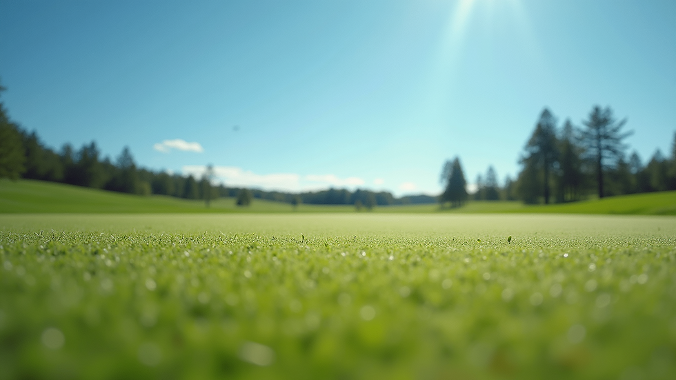 Eye-level view of a golf course with a clear blue sky