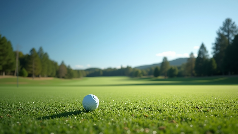 Eye-level view of a golf course with a clear blue sky