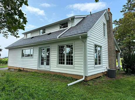 Insulated vinyl siding Full exterior renovation, Seamless Eavestrough, Gutter guards, Custom capping, Cedar shake siding,