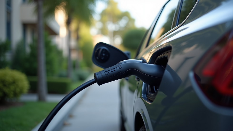 Close-up view of an electric vehicle charger plugged into a car