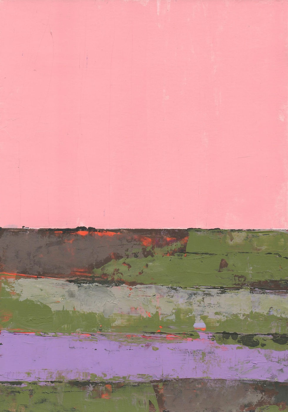 What a pink!: Paesaggio astratto dominato dal giallo intenso, con orizzonte azzurro, tracce materiche e segni scuri.
