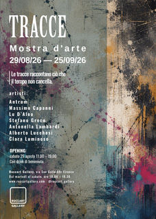 Locandina della mostra collettiva TRACCE alla Roccart Gallery di Firenze, dal 29 agosto al 25 settembre 2026.