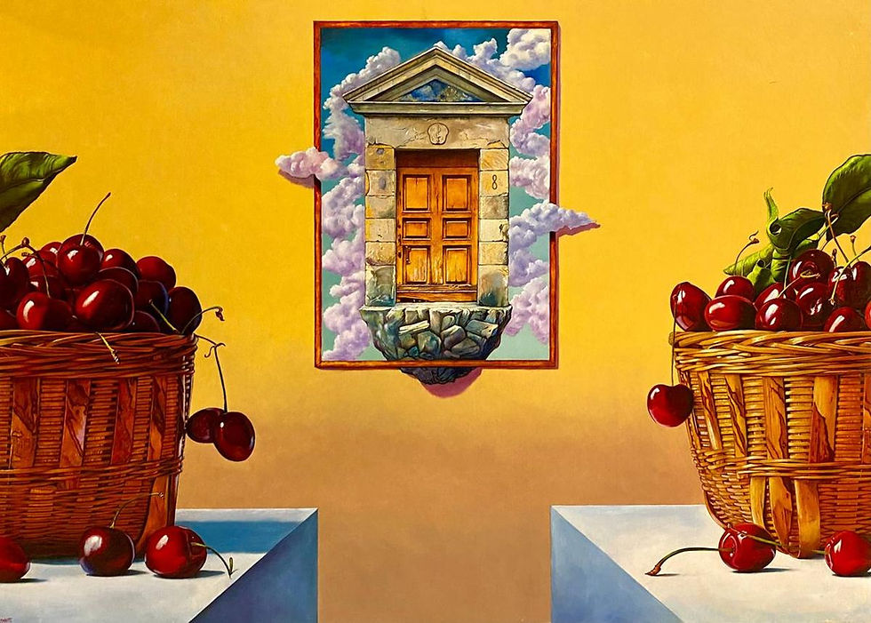 Top-secret, opera di Marco Monatti, esposta alla Roccart Gallery di Firenze. Dipinto che ritrae una natura morta divisa e un portale al centro, quadro dal carattere surrealista