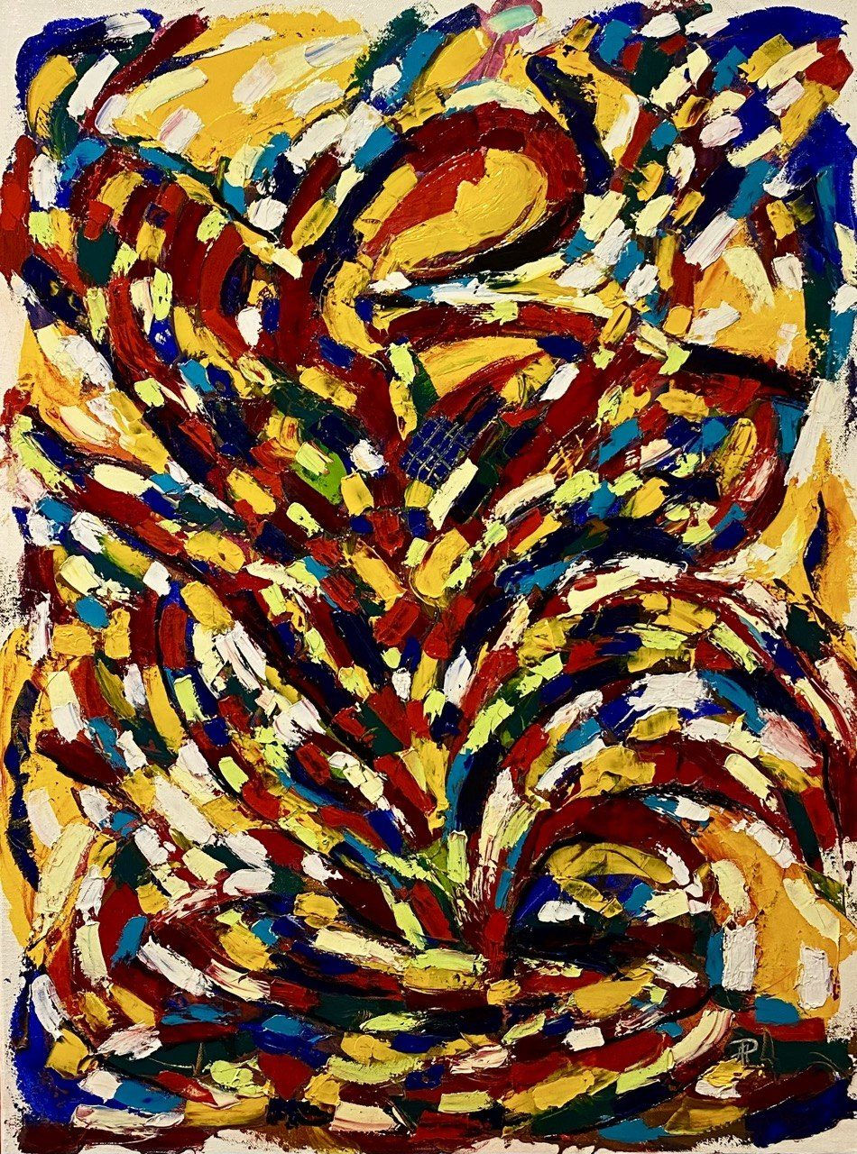 Dipinto contemporaneo di Marco Monatti caratterizzato da colori intensi e forme simboliche.