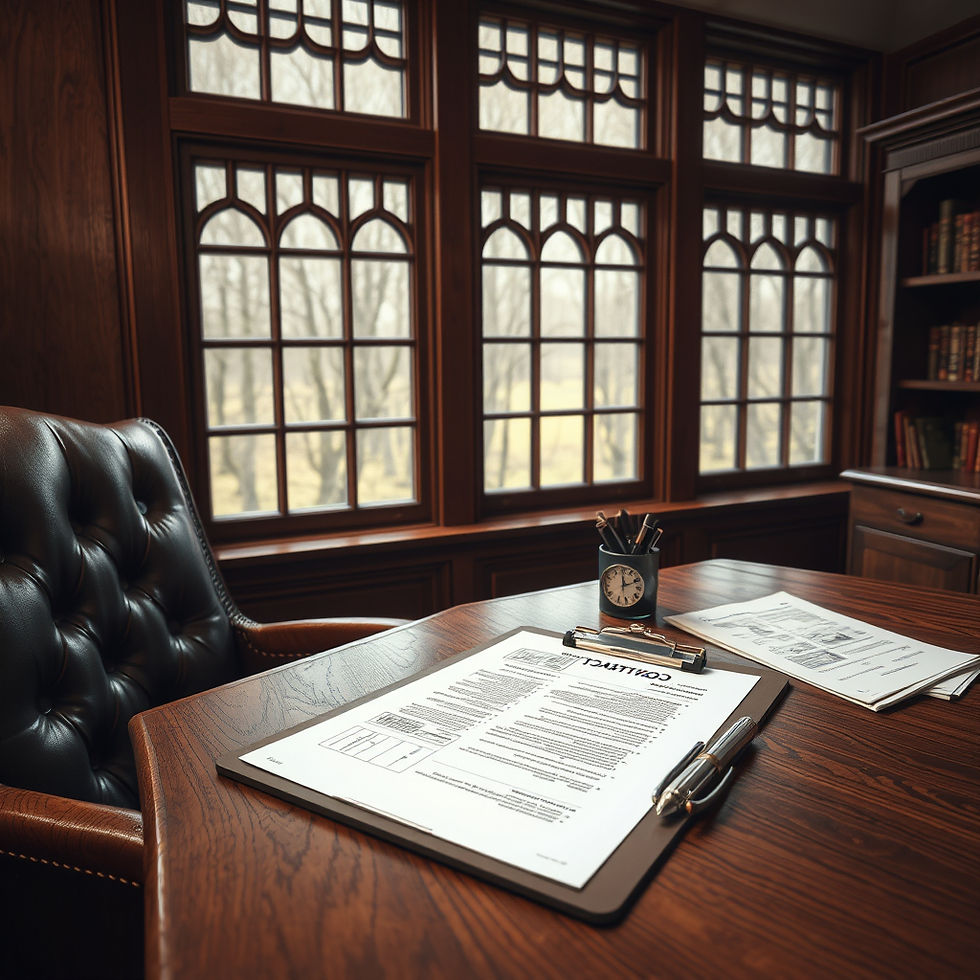 clipboard on a woodgrains desk; with a cup of pens and contract and charts laying on the t