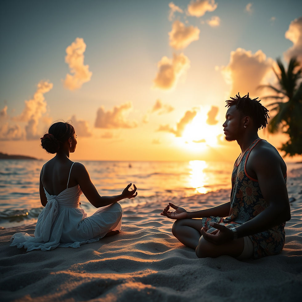 black woman and man and african people meditating on the shore of Portland, Jamaica in the
