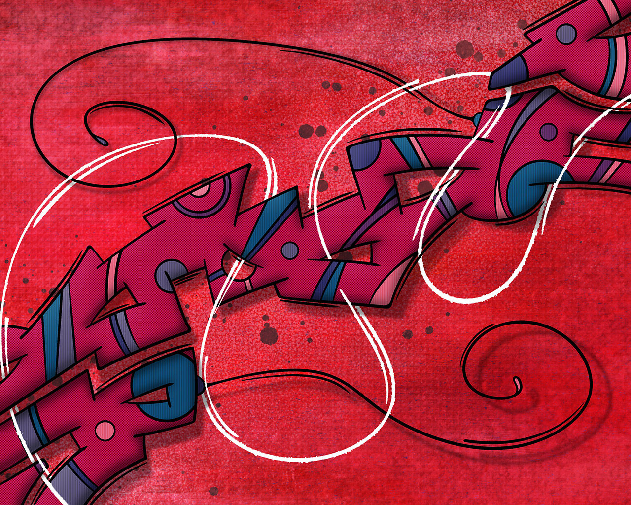 Abstract digital painting with bold red, pink, and blue geometric shapes, enhanced with fluid lines and dynamic splashes.