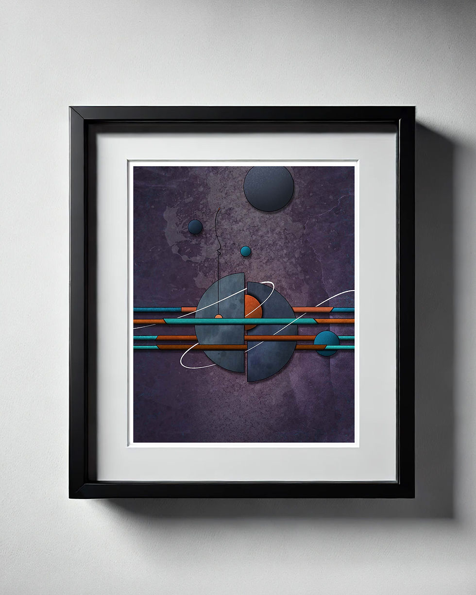 Thumbnail: Abstract cosmic art with teal, orange, and brown shapes and circles, framed in a sleek black frame.