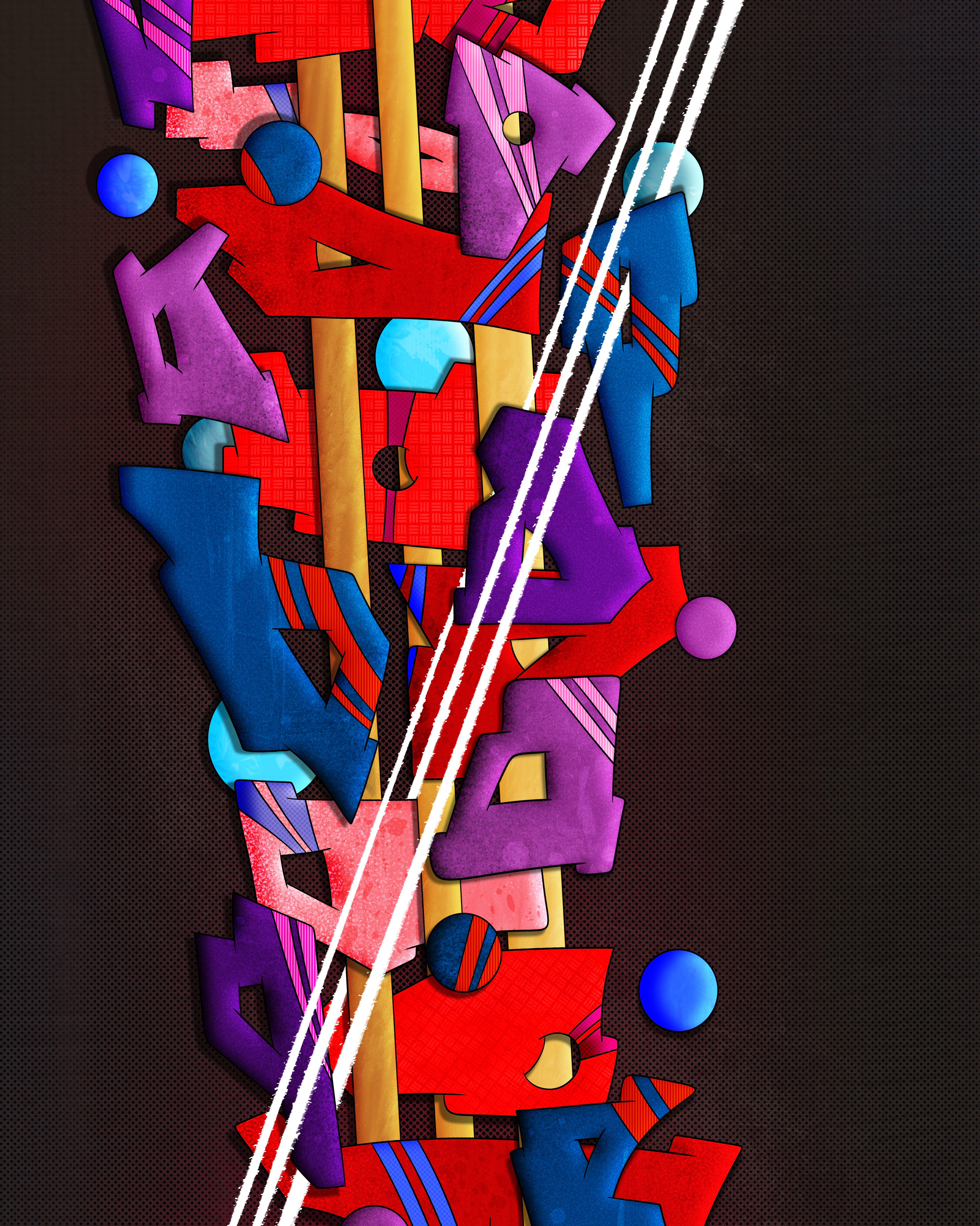 Abstract art with red, blue, purple, and yellow geometric shapes, set against a dark background for a bold, energetic design.