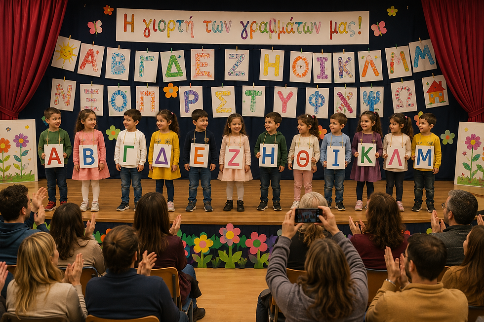 Φωτογραφία από την τελική σχολική γιορτή γραμμάτων στο νηπιαγωγείο. Πάνω σε μια φωτεινή ξύλινη σκηνή με κόκκινες αυλαίες στα πλάγια, στέκονται στη σειρά δώδεκα χαμογελαστά παιδιά. Το κάθε παιδί φοράει περασμένη στον λαιμό του μια μεγάλη λευκή καρτέλα που αναγράφει ένα χρωματιστό κεφαλαίο γράμμα (από το Α έως το Μ). Στο σκούρο μπλε φόντο της σκηνής υπάρχει ένα μεγάλο πανό που γράφει "Η γιορτή των γραμμάτων μας!" και από κάτω κρέμονται σε σκοινάκια, πιασμένες με μανταλάκια, οι ζωγραφισμένες από τα παιδιά καρτέλες με όλη την ελληνική αλφαβήτα. Κάτω από τη σκηνή, στο προσκήνιο, φαίνονται οι γονείς να κάθονται, να παρακολουθούν με καμάρι, να χειροκροτούν, ενώ μια γυναίκα απαθανατίζει τη στιγμή βγάζοντας φωτογραφία με το κινητό της τηλέφωνο.
