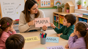 Μια χαμογελαστή νηπιαγωγός κάθεται σε τραπέζι με τέσσερα παιδιά και τους δείχνει μια κάρτα που γράφει το όνομα "ΜΑΡΙΑ". Πάνω στο τραπέζι υπάρχουν πολύχρωμες κάρτες με άλλα ονόματα όπως "ΝΙΚΟΣ", "ΑΝΝΑ", "ΓΙΩΡΓΟΣ" και "ΕΛΕΝΗ", καθώς και ένα ποτήρι με μαρκαδόρους. Στο βάθος διακρίνεται ένας πίνακας που γράφει "Το όνομά μου ξεκινά από..." και διακοσμητικά στοιχεία της τάξης