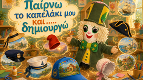 Εκπαιδευτική εικονογράφηση σε πολύχρωμη τάξη νηπιαγωγείου. Στο κέντρο βρίσκεται μια χειροποίητη θεατρική κούκλα του Τρελοκαπελά με πράσινο ψηλό καπέλο και παπιγιόν. Γύρω του αιωρούνται μέσα σε μαγικές φωτεινές φούσκες διάφορα ιστορικά καπέλα (ένα τρίκορνο, ένας αρχαιοελληνικός πέτασος, ένας φρυγικός σκούφος, ένα ναυτικό καπέλο και ένα τζόκεϊ), το καθένα με ένα χαρακτηριστικό τοπίο στο φόντο του. Στο επάνω μέρος, ένα κίτρινο συννεφάκι γράφει με μπλε και κόκκινα γράμματα: "Παίρνω το καπελάκι μου και..... δημιουργώ". Στο κάτω μέρος διακρίνεται ένα ξύλινο τραπέζι με υλικά χειροτεχνίας, ψαλίδι και μπογιές.