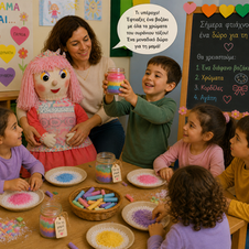 Μια εκπαιδευτικός, τέσσερα παιδιά και μια μεγάλη πάνινη κούκλα κάθονται γύρω από ένα τραπέζι νηπιαγωγείου, φτιάχνοντας δώρα για την Ημέρα της Μητέρας. Ένα αγόρι κρατάει περήφανα ένα διαφανές βαζάκι με στρώσεις από χρωματιστό υλικό.