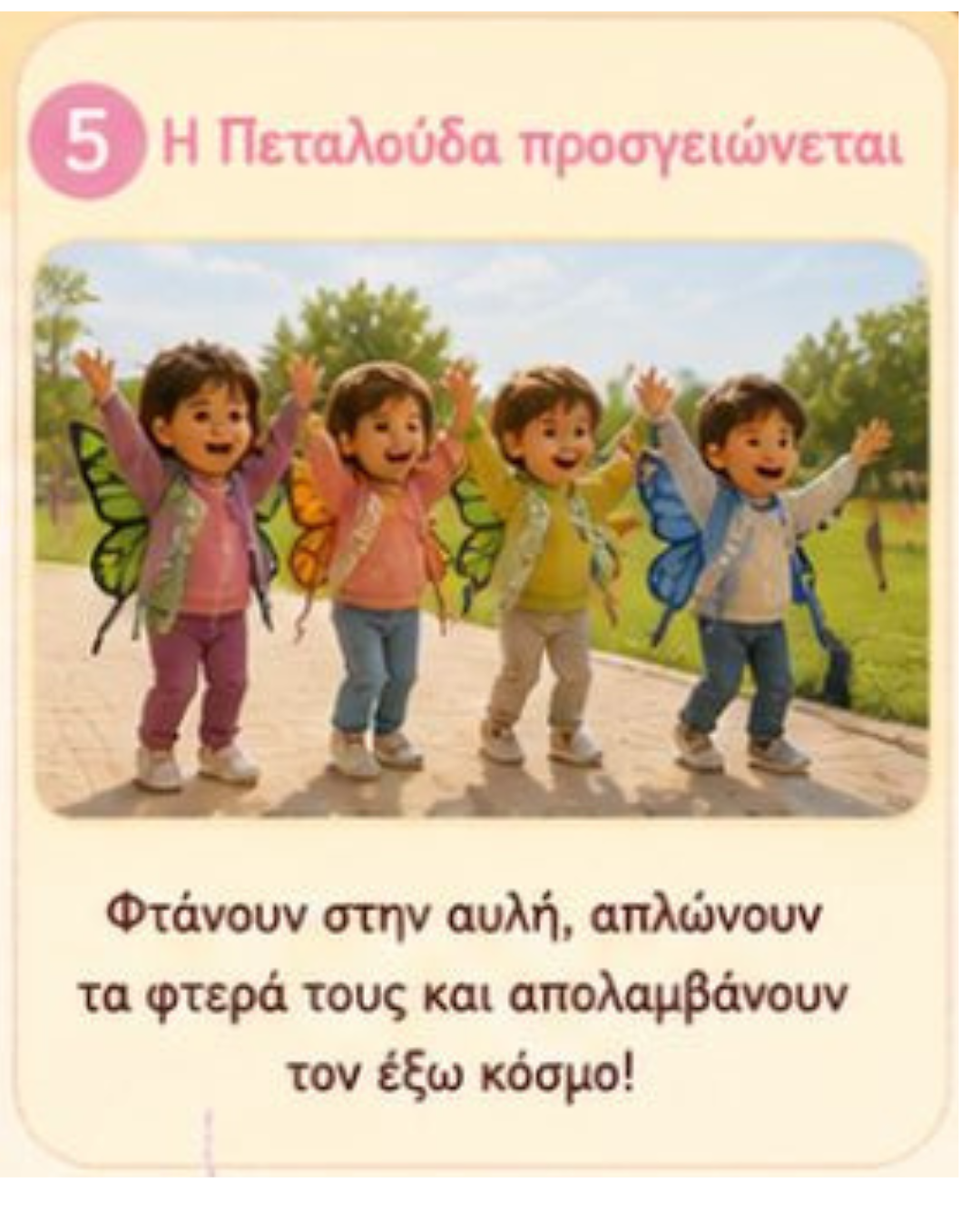 Κάρτα που απεικονίζει το πέμπτο και τελευταίο στάδιο της δραστηριότητας με τίτλο «5. Η Πεταλούδα προσγειώνεται». Τέσσερα γελαστά παιδιά με πολύχρωμα φτερά πεταλούδας στην πλάτη στέκονται σε μια ηλιόλουστη αυλή, έχοντας τα χέρια τους ορθάνοιχτα και τεντωμένα ψηλά με ενθουσιασμό. Στο κάτω μέρος της κάρτας αναγράφεται το κείμενο: «Φτάνουν στην αυλή, απλώνουν τα φτερά τους και απολαμβάνουν τον έξω κόσμο!».