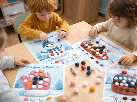 «Παιδιά σε σχολική τάξη δημιουργούν χαλάκια λεπτής κινητικότητας γύρω από ένα τραπέζι, με τη συμμετοχή της κούκλας της τάξης, χρησιμοποιώντας πον-πον και μαρκαδόρους σε χειμερινές δραστηριότητες fine motor skills.»