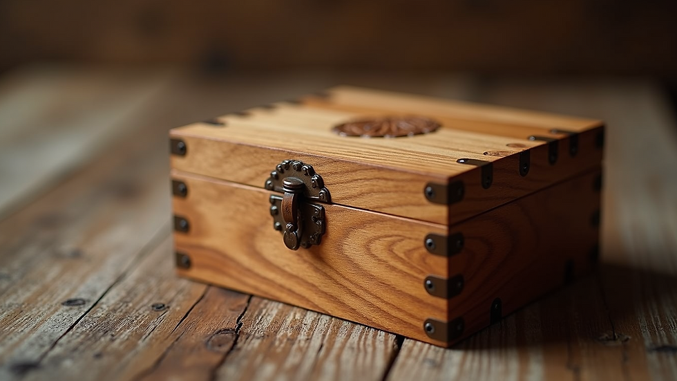 Close-up view of a handcrafted wooden box with intricate design
