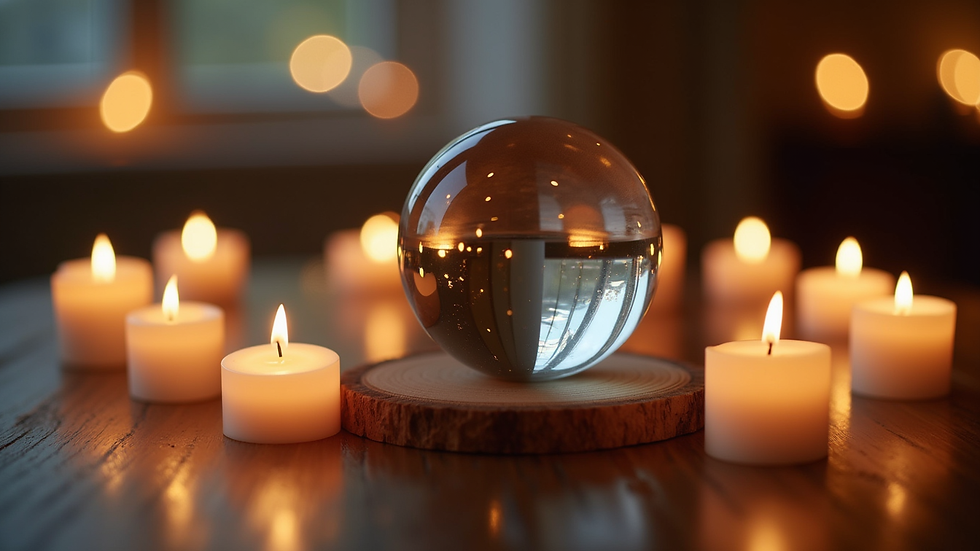 Close-up view of a crystal ball on a wooden table surrounded by candles