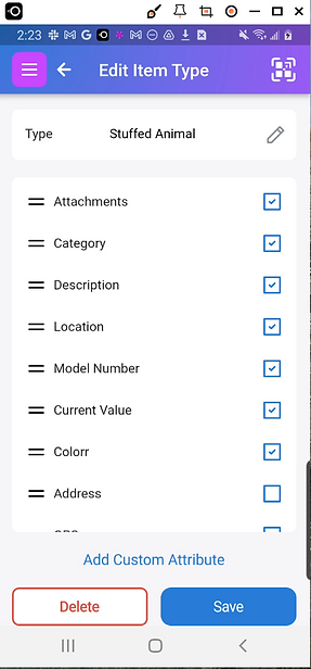 b1_edit_item_type.png Scanlily app Edit Item Type page showing list of attributes with checkboxes for selecting whether to include in the Item type
