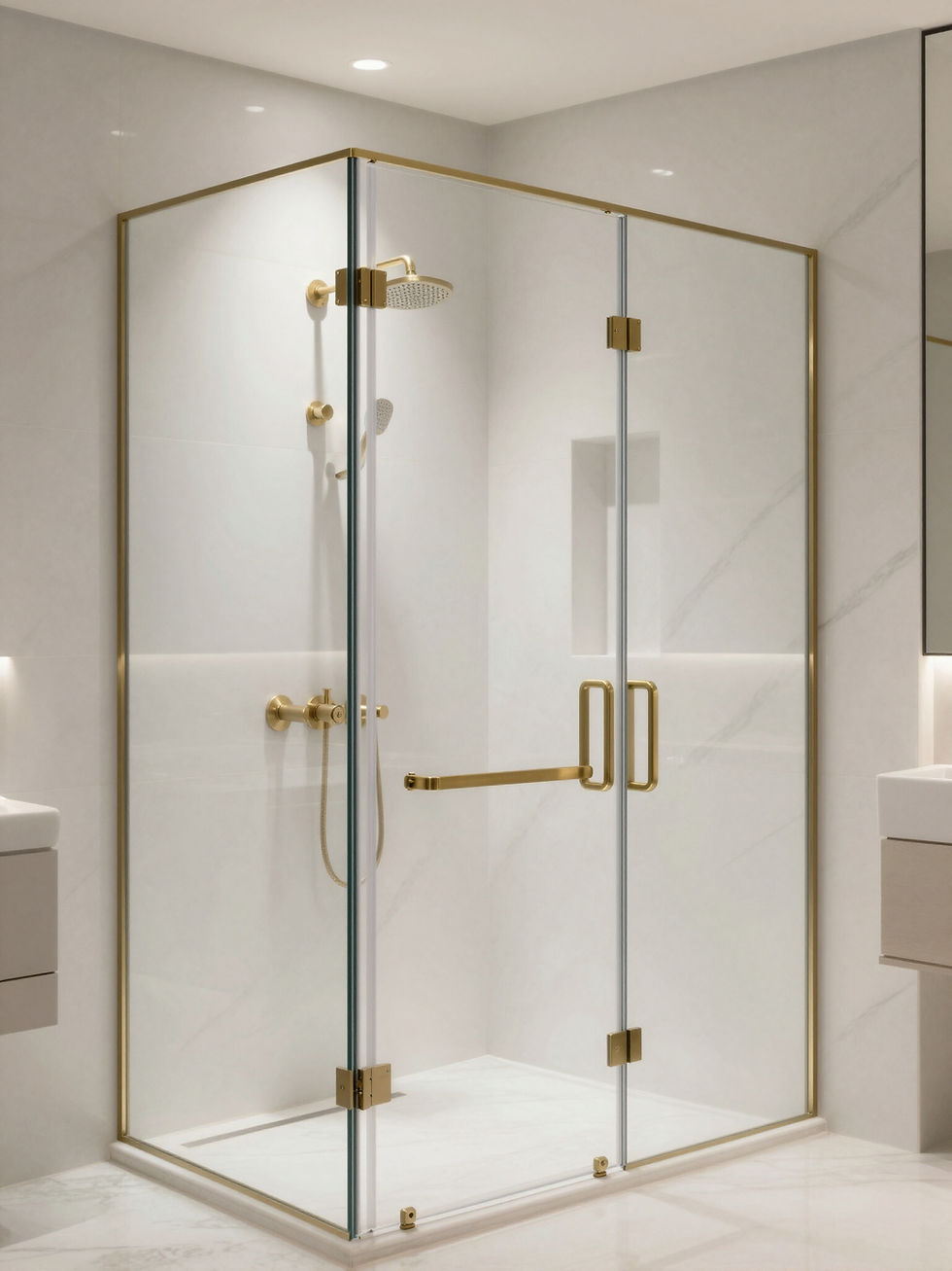 Premium frameless shower glass hardware close-up