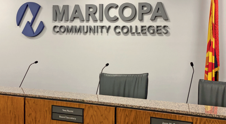 The MCCCD governing board room is outfitted with a high-end projection system, auxiliary displays, an expansive sound system with multiple microphones, plus videoconferencing, steaming, and broadcasting capabilities. Each subsystem is tied into a powerful DTP CrossPoint 4K Series presentation matrix switcher.