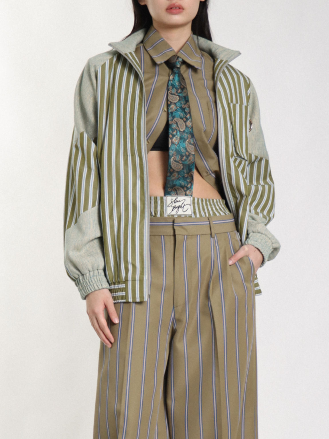 Green Striped/ Denim Twill Varsity Jacket