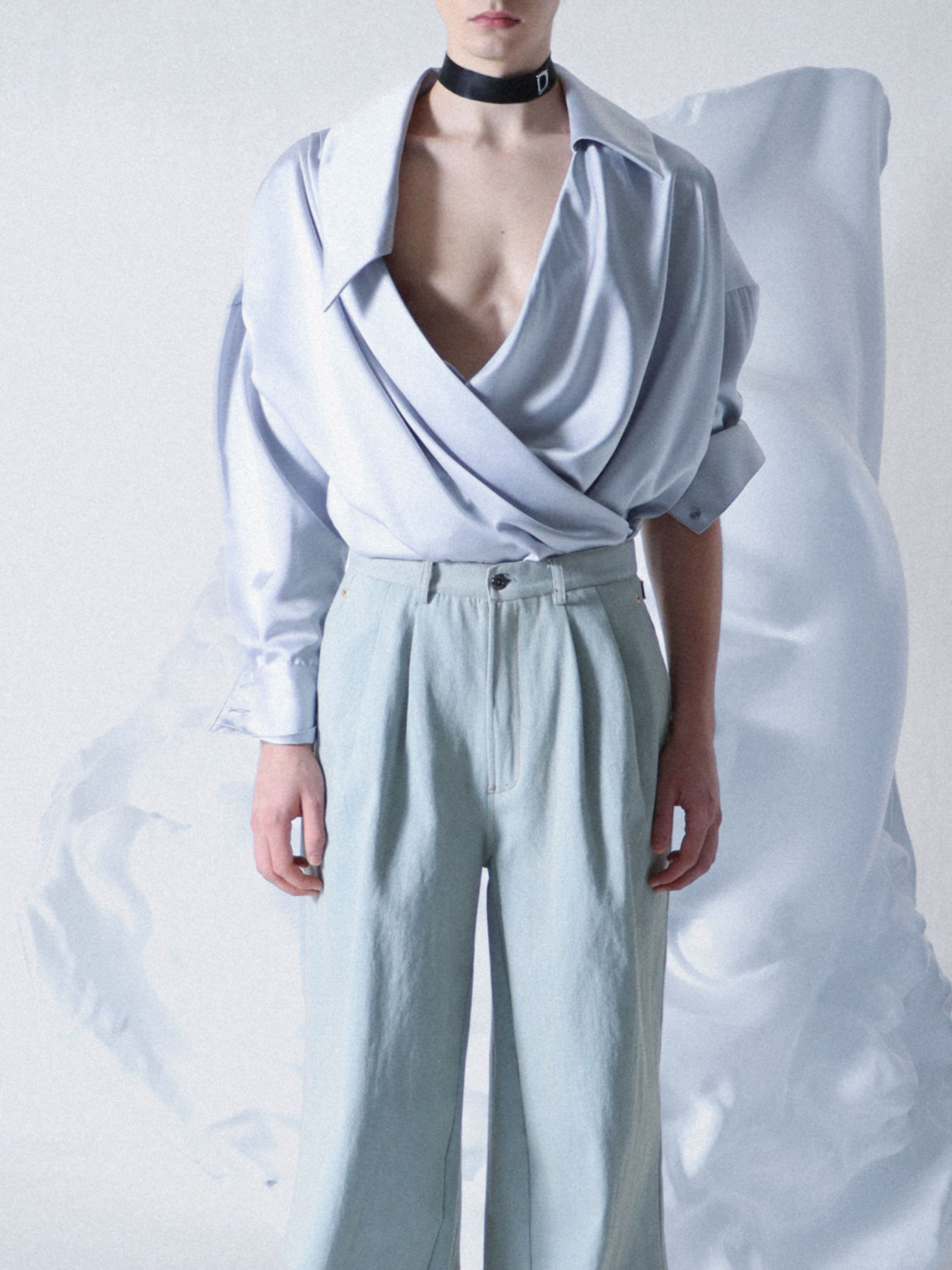 Silvery Satin Wrap Drape Shirt