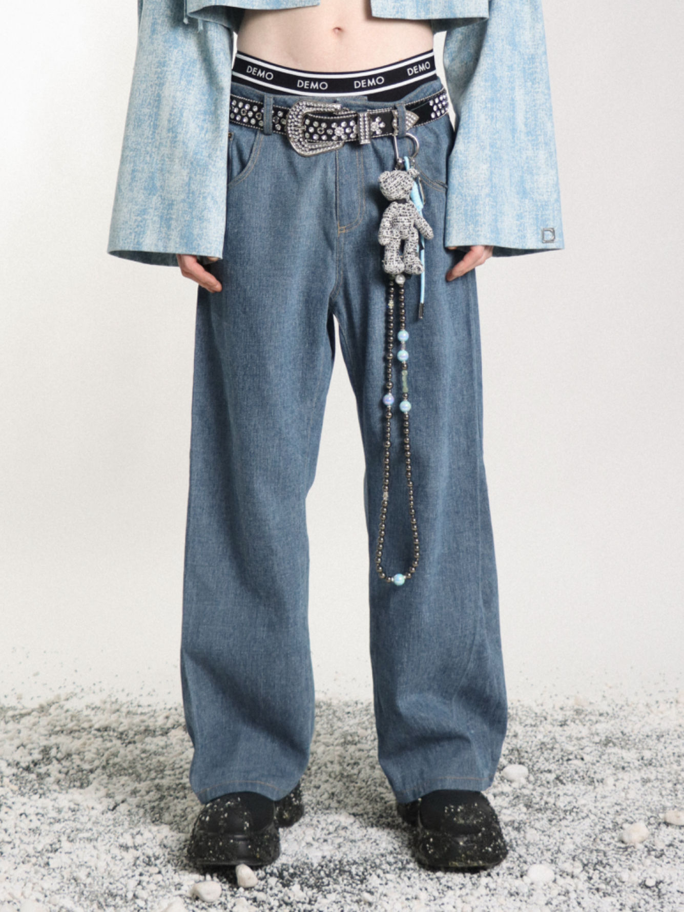 Denim Pleated Straight Leg Pants