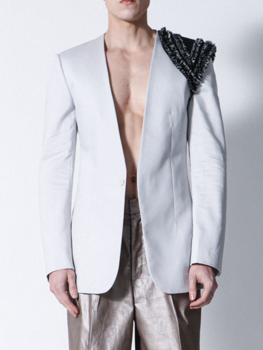 Thumbnail: Silvery White Padded Collarless Blazer