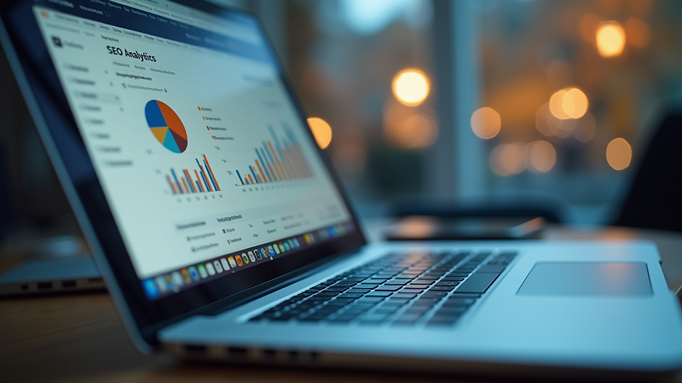 Eye-level view of a laptop showing SEO analytics dashboard