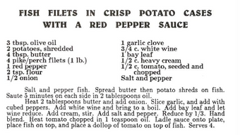 Fish fillets in crisp potato cases with a red pepper sauce